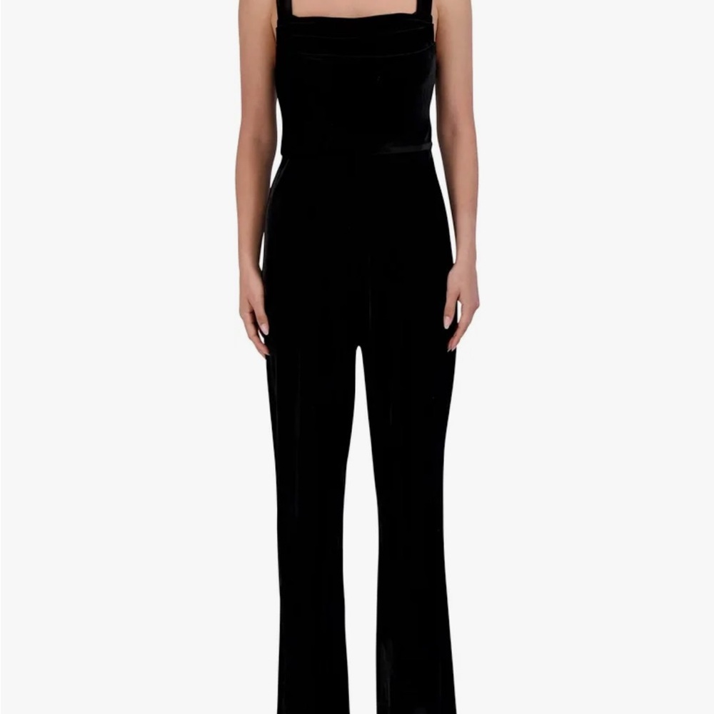 Woman’s size M BCBG Paris Sleek Black Jumpsuit velvet/velour flare legs